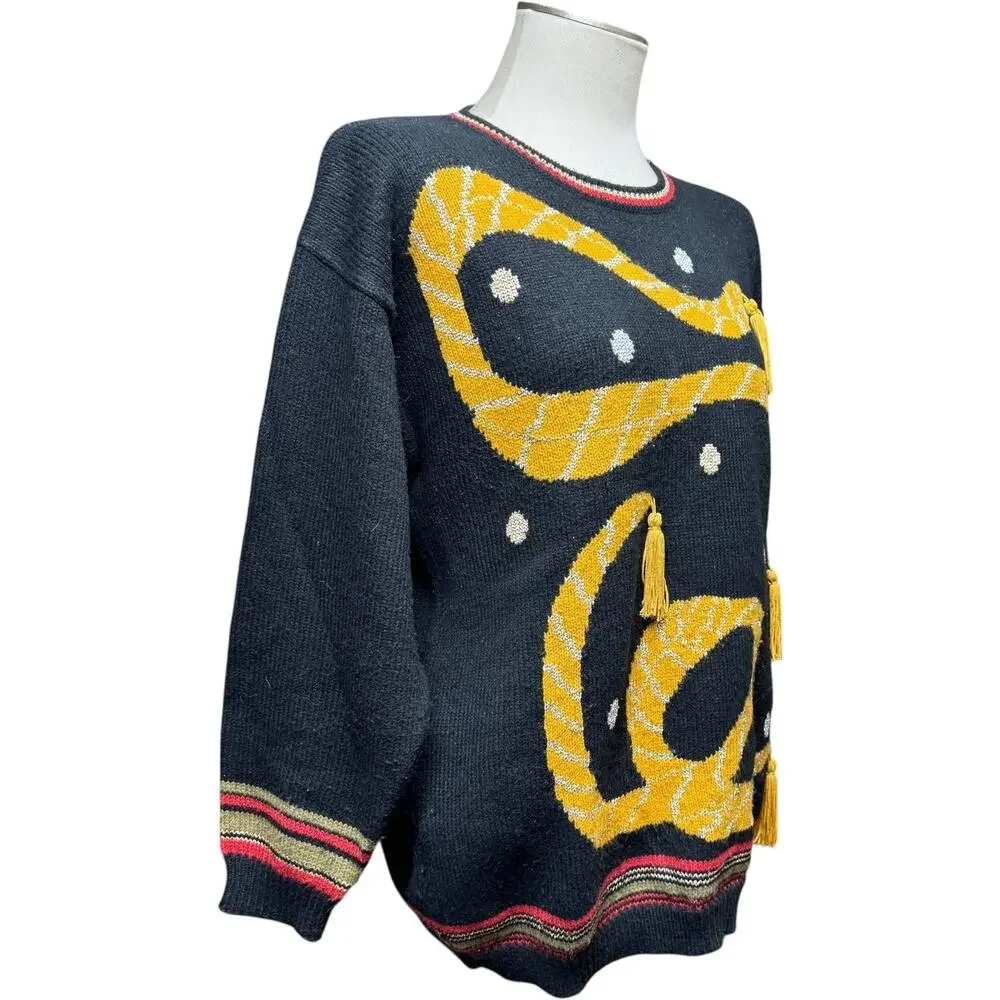Sue Brett Collection Vintage Tassel Sweater Black Red Gold Silver Medium